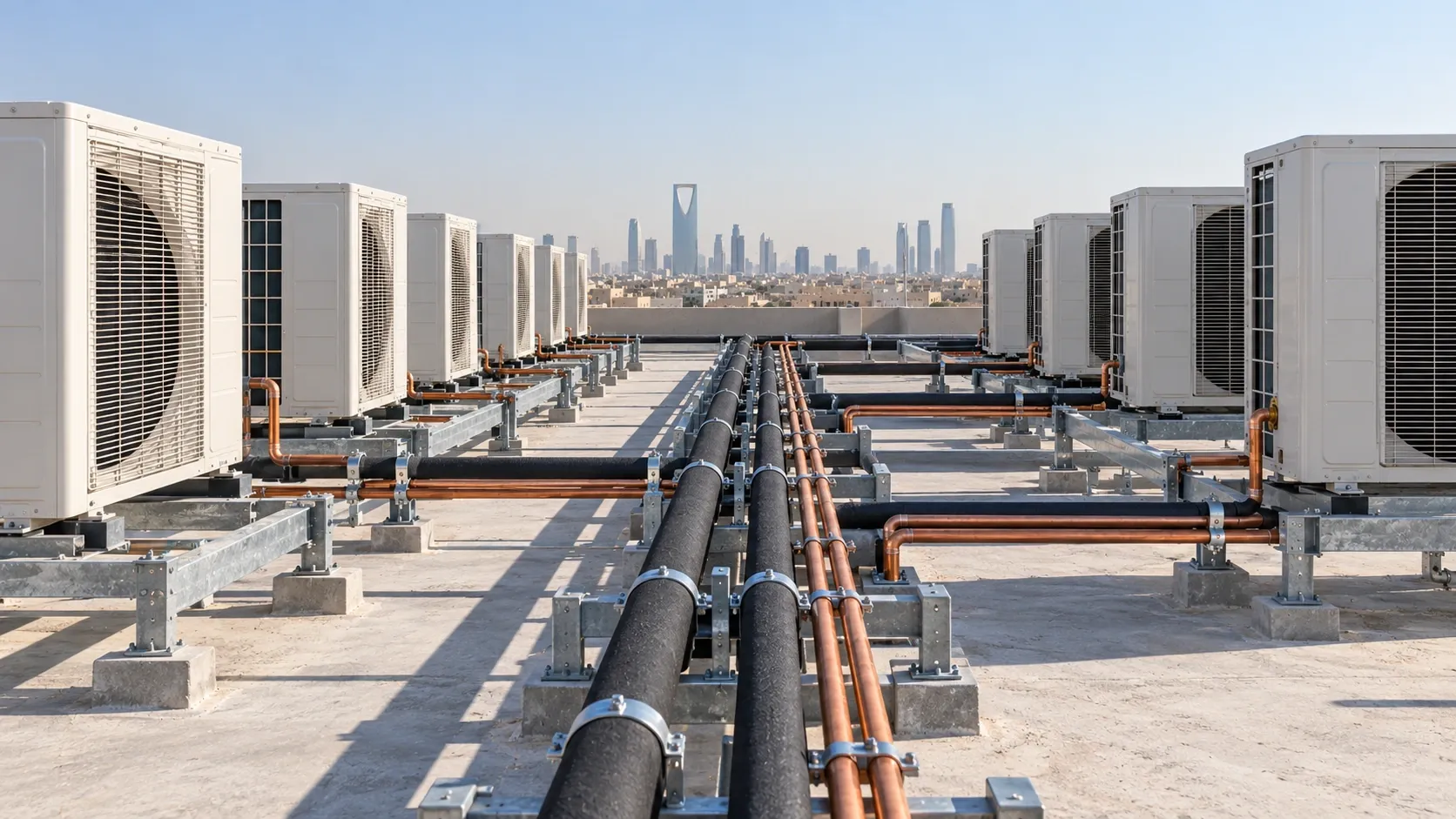 Rows of outdoor AC units with neatly supported copper pipe runs on a commercial rooftop