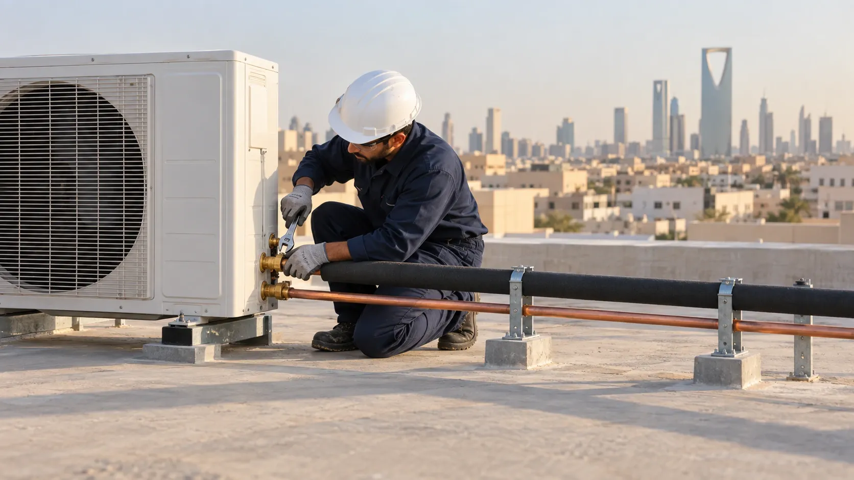 Technician connecting insulated copper refrigerant pipes to an outdoor AC unit on a rooftop