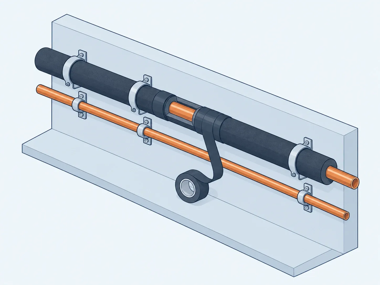 Cutaway drawing of a copper pipe inside black thermal insulation, fixed to a wall with clamps
