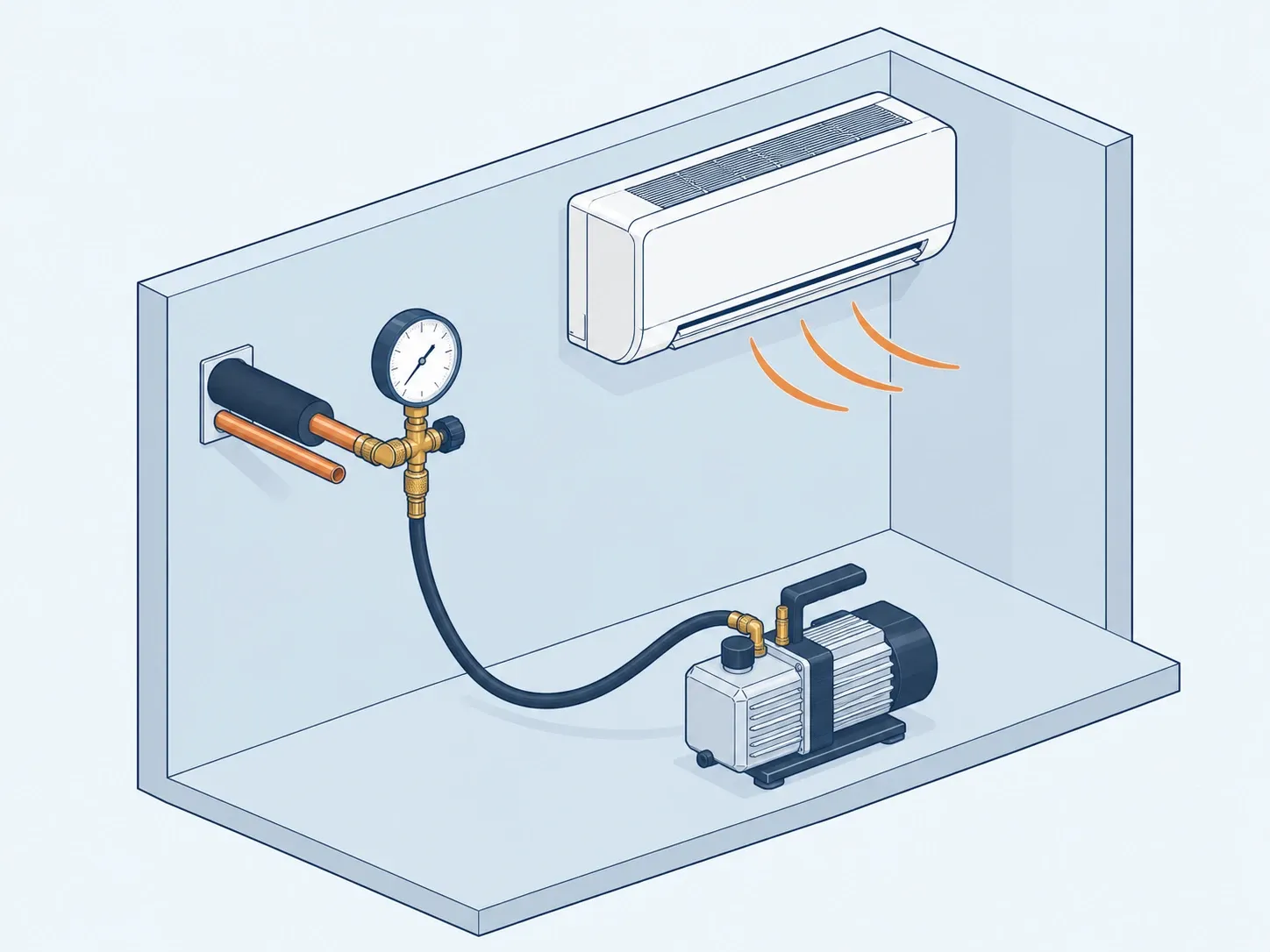 Drawing of a pressure gauge and vacuum pump connected to a copper line, with the AC unit running
