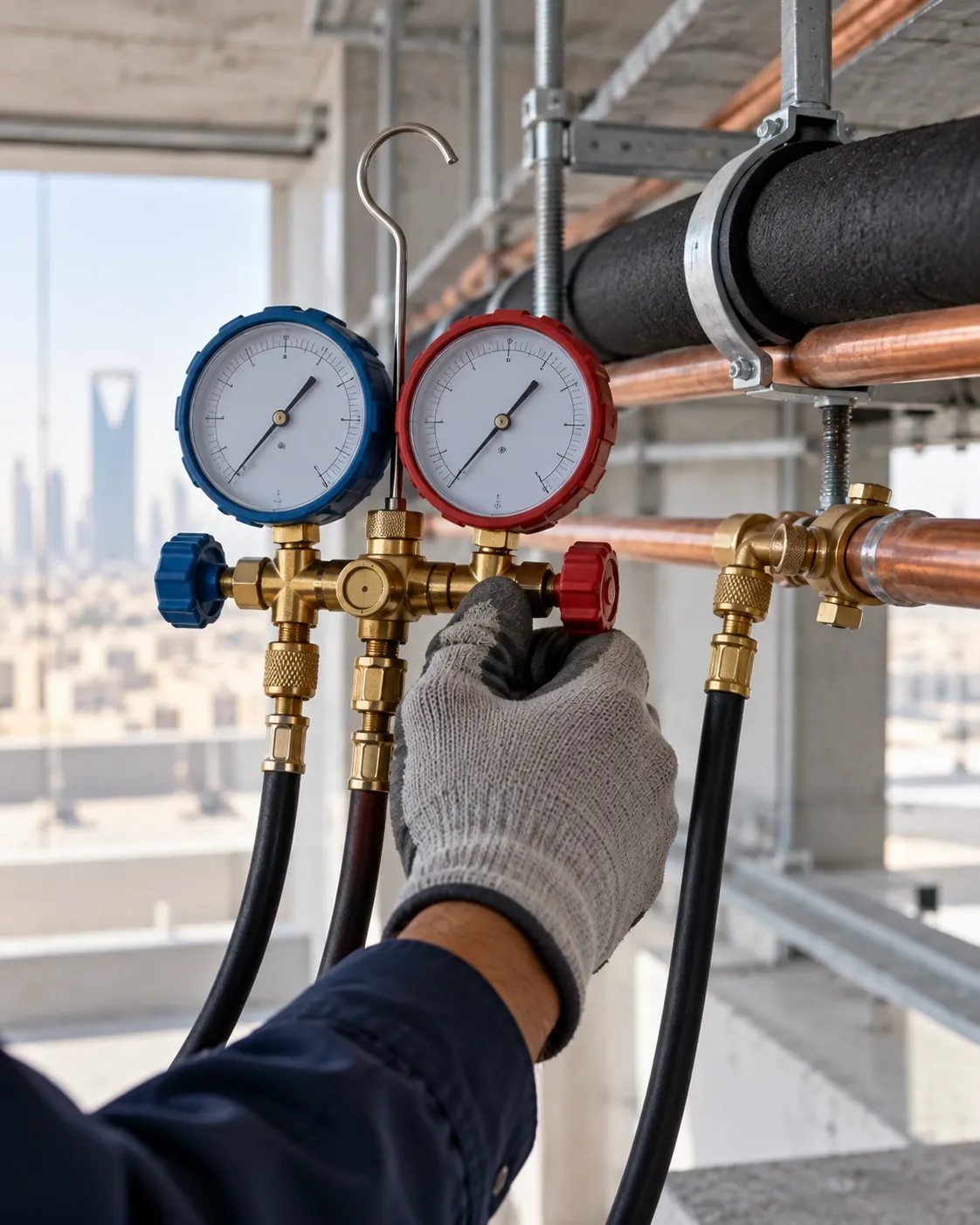 Pressure gauges connected to a copper refrigerant line during a pressure test